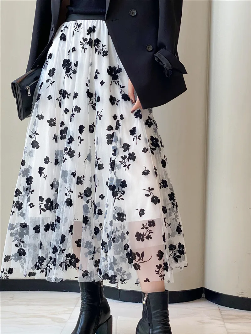 

Women Elegant Beach Skirts Summer Elastic High Waist Floral Printing Layered Mesh Tulle Midi Skirt Casual Party Pleated Bottoms