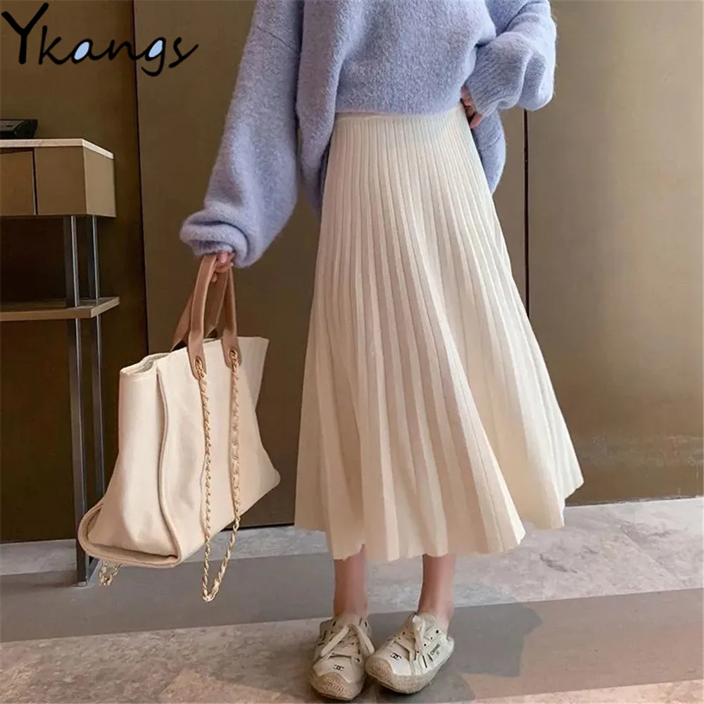 

Thicken Warm Knitting Women A-Line Black Skirt Beige New 2021 Office Autumn Winter Solid High Waist Umbrella Long Skirts Female