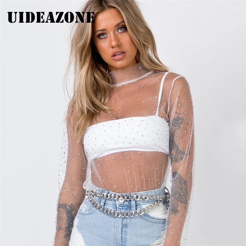 Белый кружевной сетчатый топ с блестками и длинным рукавом Черная Женская