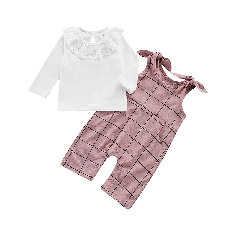 

2Pcs Baby Girls Outfit, Autumn Toddlers Lace Splicing Long Sleeve Round Collar Tops + Corduroy Plaid Suspender Trousers