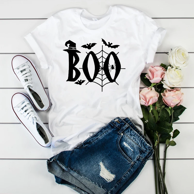 Женская забавная Осенняя Футболка с принтом Boo Spider Web Witch топ на Хэллоуин