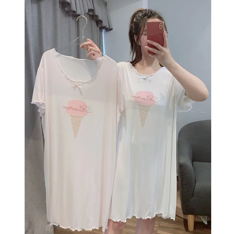 

Night Dress Women Sleepwear Pijama Soft Modal Pajamas Dresses Summer Thin Style Homewear Kawaii Ice Cream Plus Size Pyjama