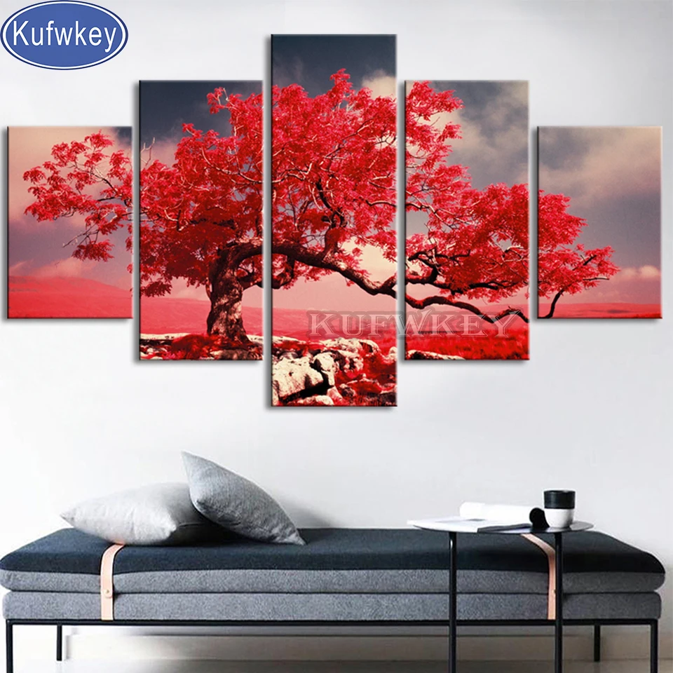 Красный Бриллиантовая вышивка с изображением дерева 5 предмета в комплекте Wall Art