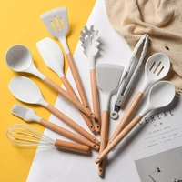 white silicone kitchenware cooking utensils sets multifunction cookware wooden handle spatula kitchen gadget cooking accessories