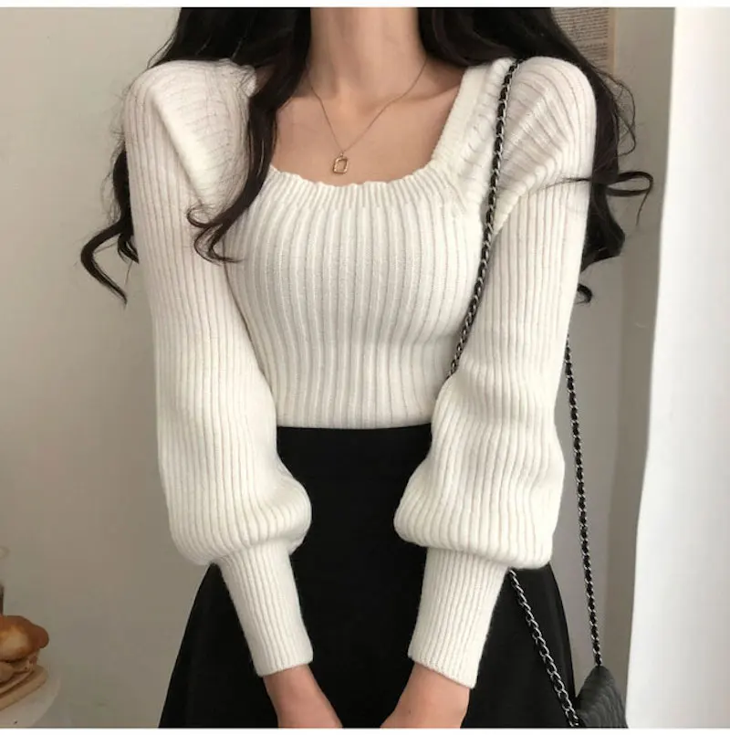 

2021 Winter Warm Sweater Pullover Chic Square Neck Women Long Sleeve Pit Stripe Knit Top Japan Autumn Casual Cute White Sweater