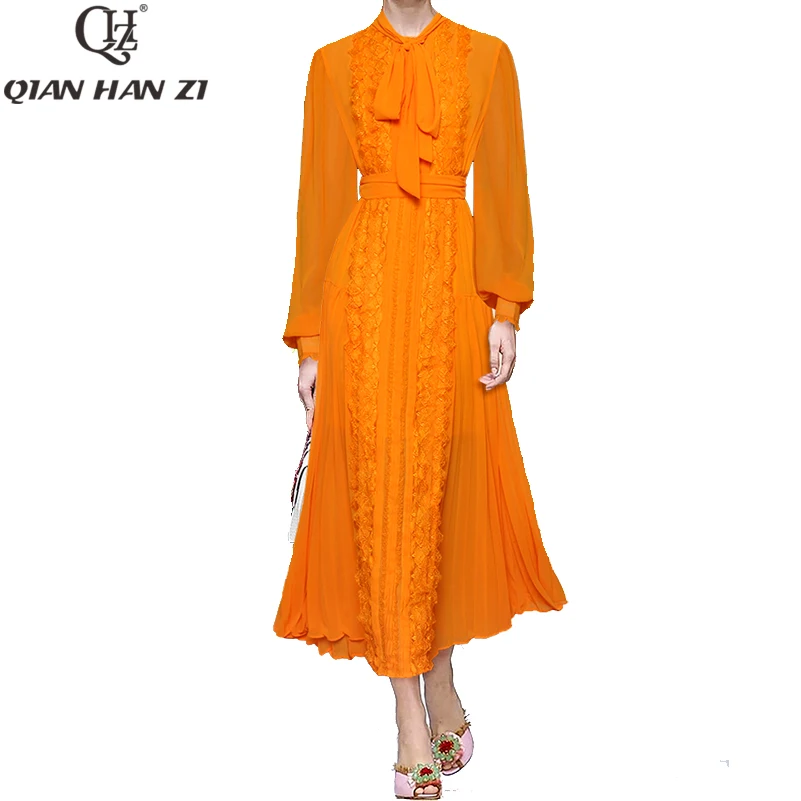 

Qian Han Zi 2020 Spring / Summer Runway Fashion Dress Women's Bow Lace Maxi Dress Dress Embroidered Slim Elegant Long Dress
