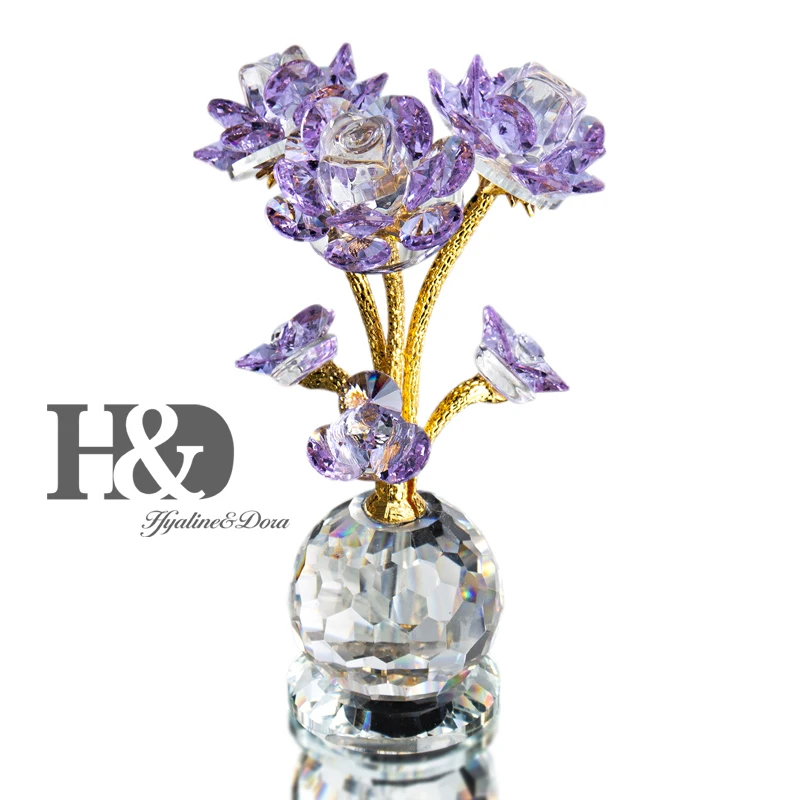 H&D Crystal Purple Rose Bouquet Flowers Figurine Birthday Valentine's Day Gift For Women Collectible Cut Paperweight