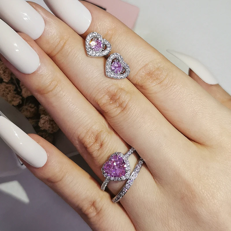 

2pcs Pack Real silver color bride Engagement Wedding Heart Shape Bridal Jewelry Ring For Brides J7003-pink