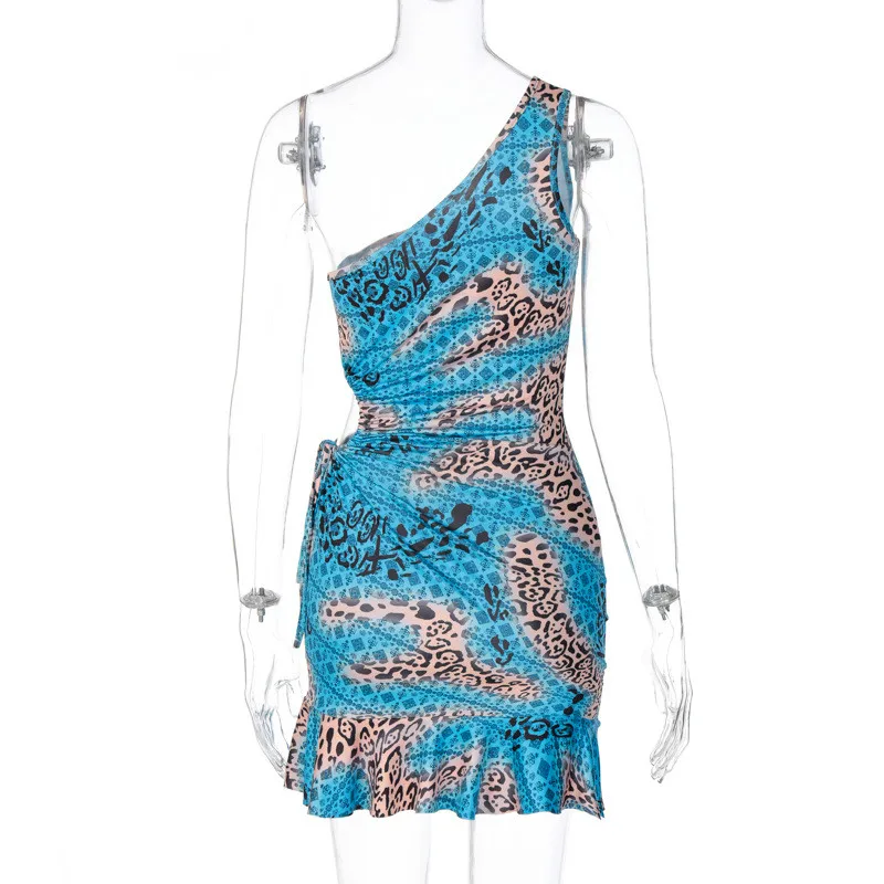 

ALLNeon E-girl Vintage Camouflage One Shoulder Hollow Out Y2K Dress Rave Festival Bodycon Ruffles Hem Mini Dresses Party Outfit