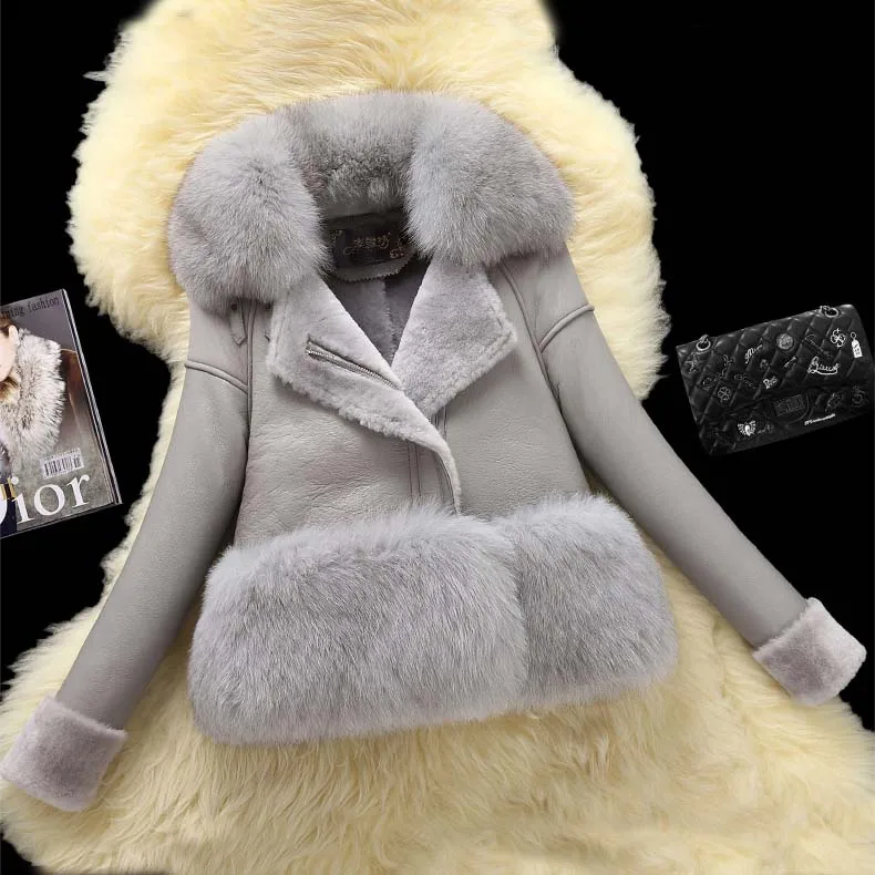 Luxury woman genuine natural sheepskin shearing leather coat with large fox fur collar ladies short wool jacket black customized