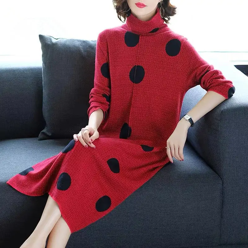 

Women Autumn 2020 New Sweater Dress Female Vintage Dot Knitted Turtleneck Dresses Ladies Full Sleeve Knee-length Dress P140