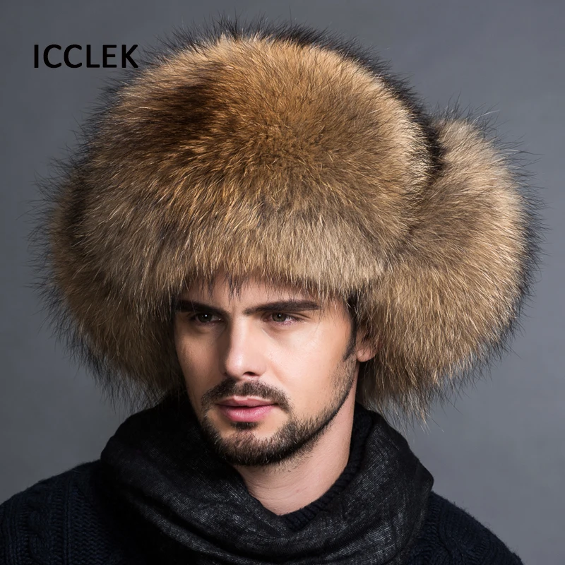 Men's Winter Hats Luxury Natural Full Raccoon Fur Bomber Hat Men Trapper Russian Caps Thick Warm Outdoor Ski Earmuffs Cap