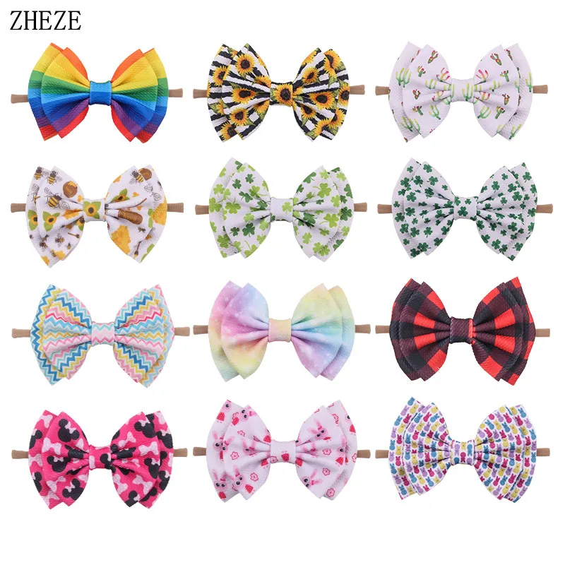 2021 New 6'' Double Layer Printing Hair Bows For Headband Girls Soft Elastic Nylon Hairband Baby Newborn Hair Accessories (0)