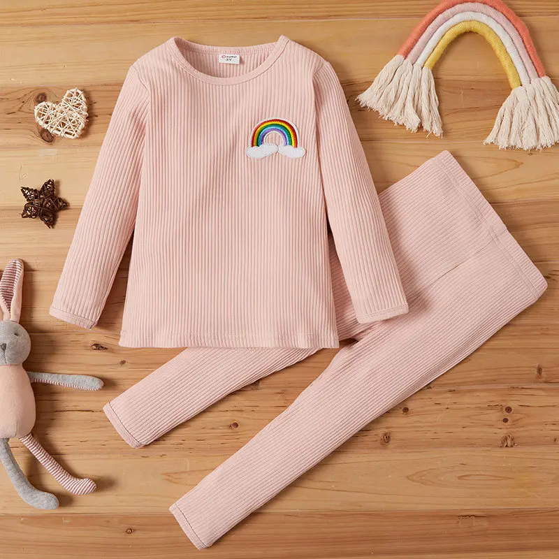 

2021 Winter Children Sets Casual Long Sleeve O Neck Embroidery Rainbow T-shirt Pink Solid Pants Cute 2Pcs Child Clothes Sets