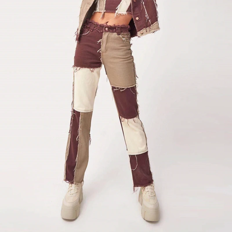 Джинсы женские хлопковые стрейчевые прямые в стиле пэчворк | Женская одежда