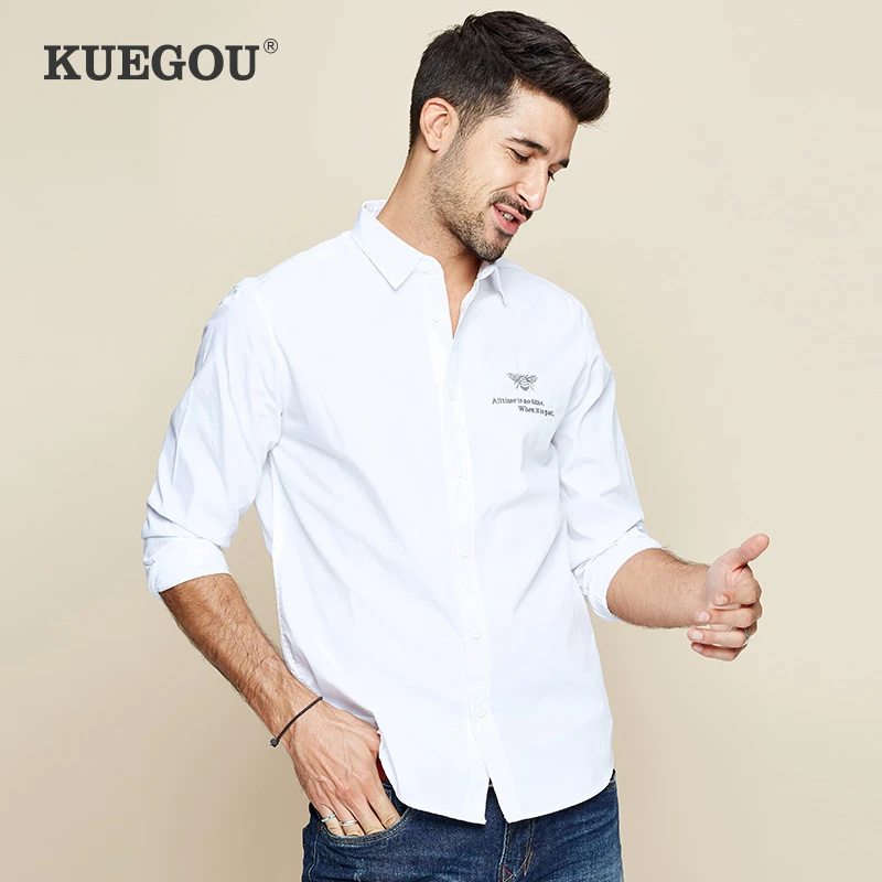 KUEGOU 2019 осень 100% хлопок белая рубашка с вышивкой мужская повседневная приталенная