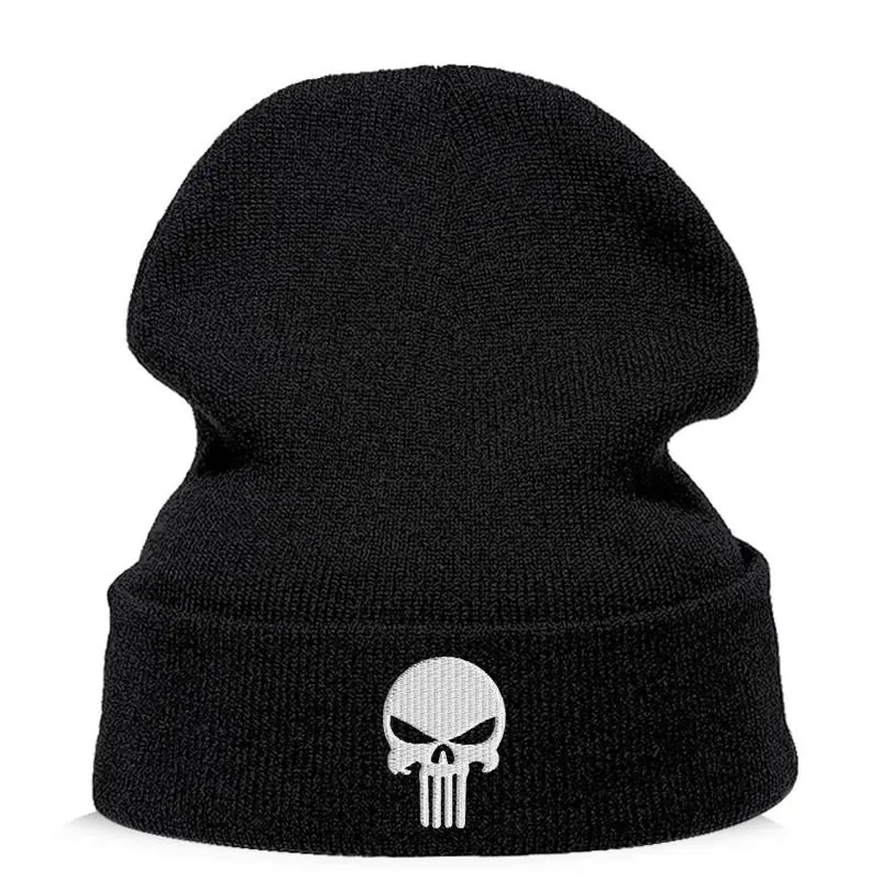 Beanie шляпа Skullie шапка, вязаная шапка-носок Зимняя Вышивка в стиле панк Для мужчин Для женщин для мальчиков и девочек подростков уличных танцев череп Skelton черный, белый, серый - Цвет: Black white