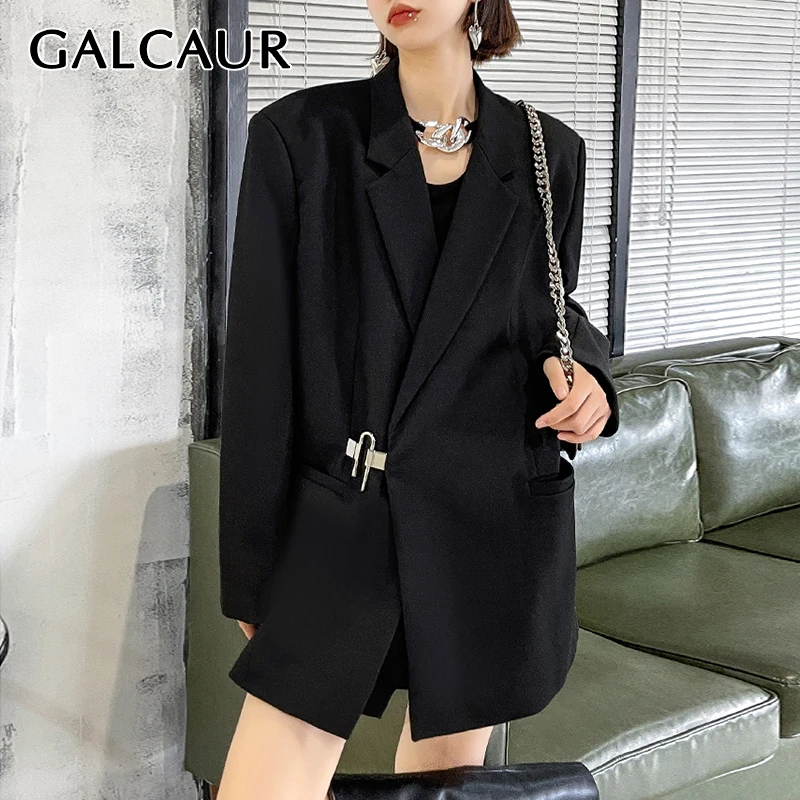 

GALCAUR Korean Fashion Black Blazers For Women Notched Collar Long Sleeve Solid Straight Jackets Female Clothing 2021 Autumn New