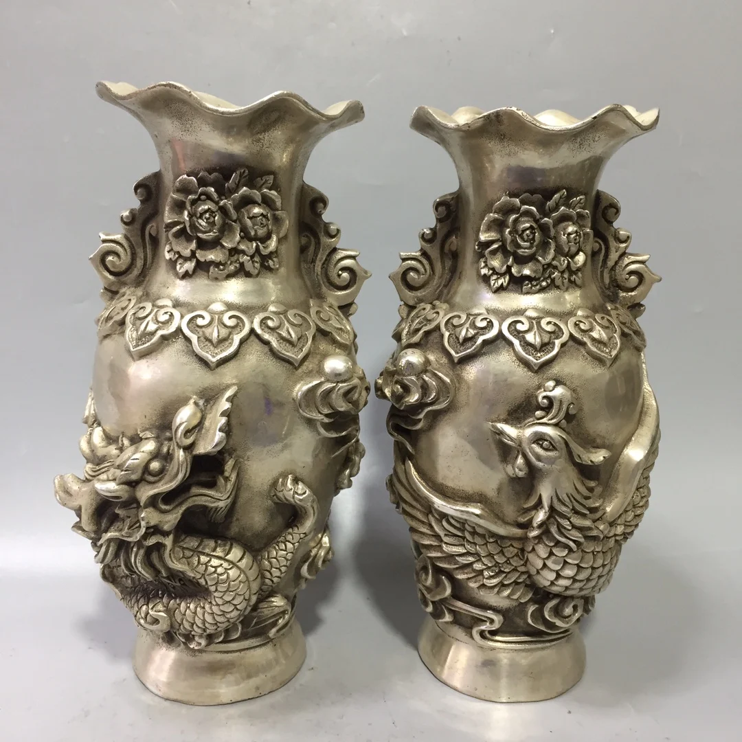 

1 Pair Old Tibet Silver Qing Dynasty Qianlong Vase With Mark ,1 piece Dragon And 1 piece Phoenix,Chinese Antique Vase