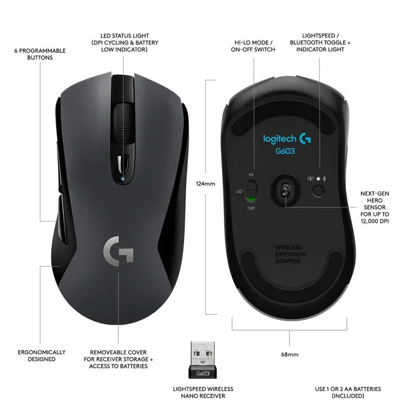 Беспроводная игровая мышь Logitech G603 lightspeed оптическая 12000 точек/дюйм | Компьютеры и