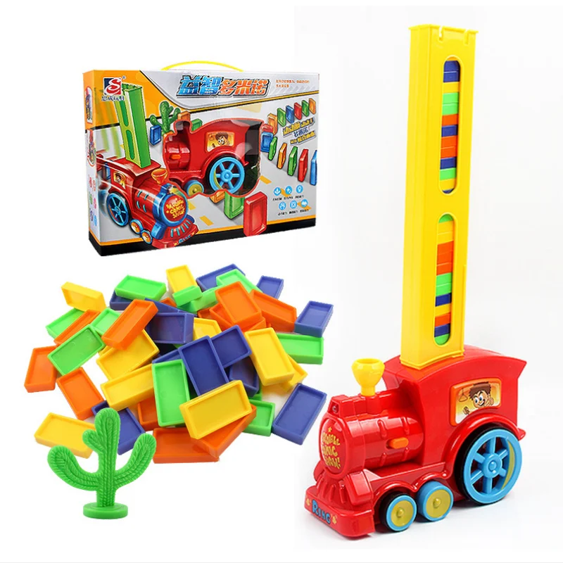 

Domino Train Toy Set , Rally Electric Train Model with , 60 Pcs Colorful Domino Game Building Blocks Car Truck Vehicle Stacking