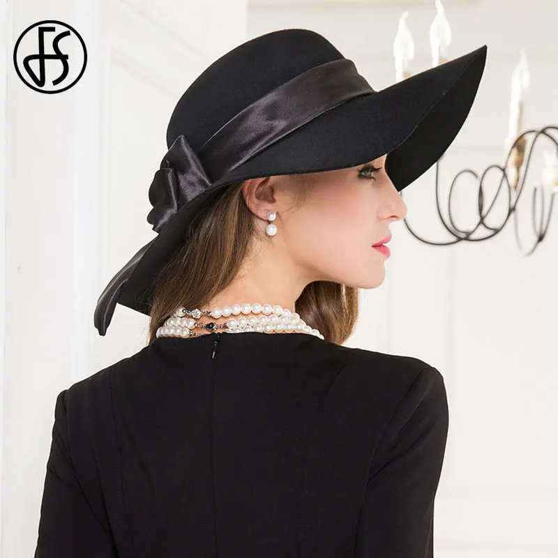 FS Winter Wool Hats For Women Black Felt Wide Brim Fedora Hat Fashion Large Bowknot Top Church Cloche Cap Sombreros de mujer | Аксессуары