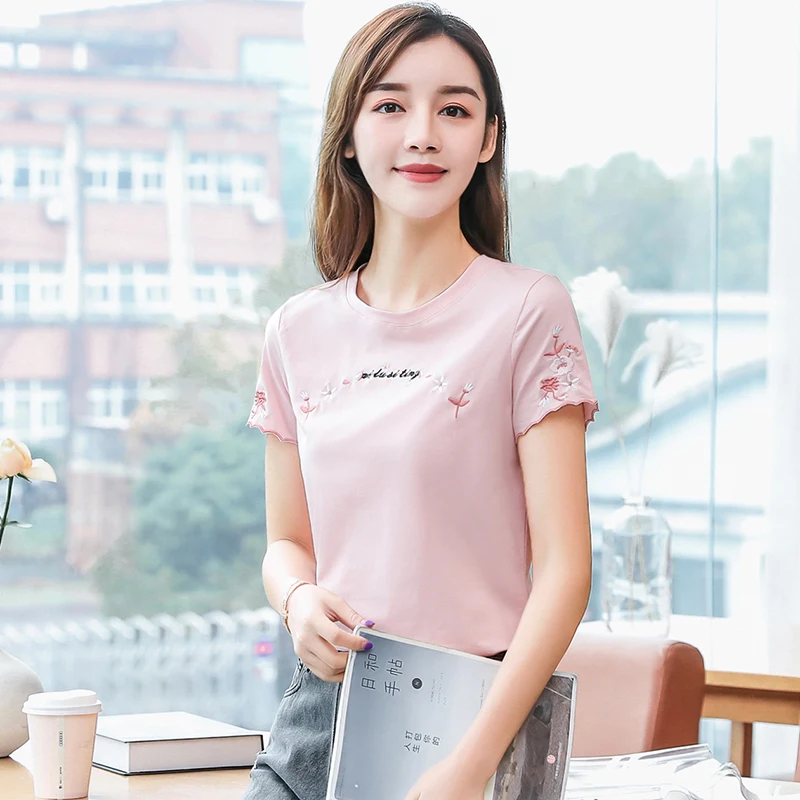 

Fashion 2021 Summer Blouse Short Sleeve Women Round Neck Letter Floral Embroidery Plus Size Pink Fashion Clothing Female 8590 50
