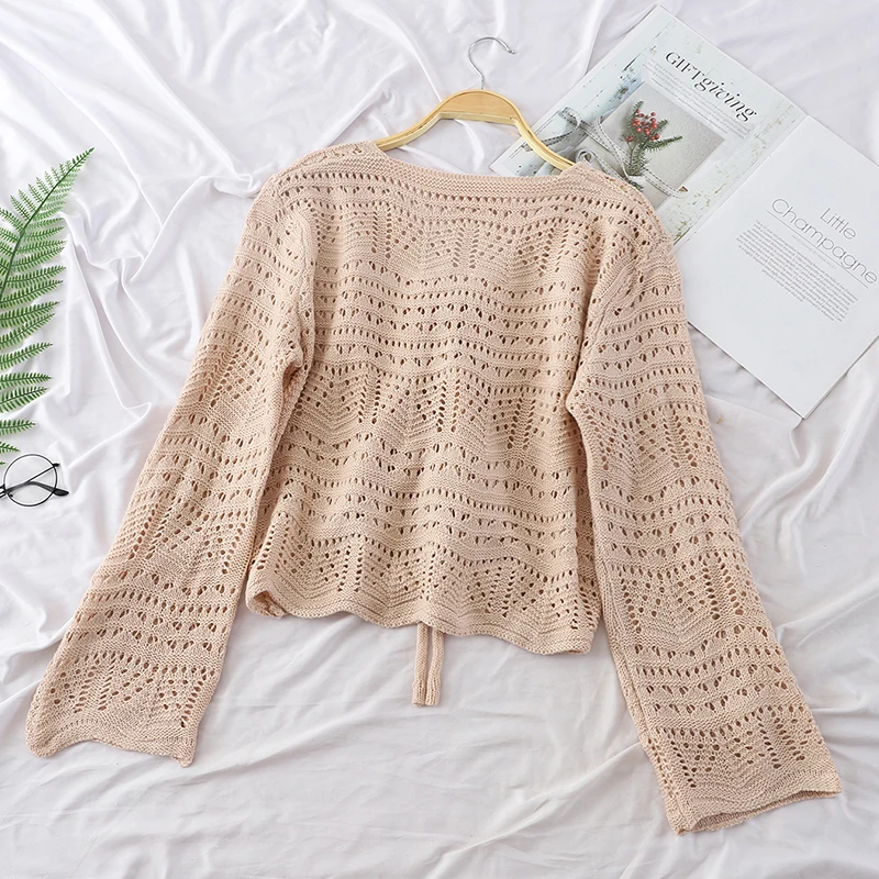 HELIAR Women 2020 Autumn Hollow Out Sweater V-Neck Drawstring Rope Design Long Sleeve Knitted Pullovers Loose For women | Женская одежда