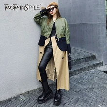 TWOTWINSTYLE Hit Color Casual Windbreaker For Women Turtleneck Long Sleeve Patchwork Trench Coat Fashion New Clothing 2020 Style