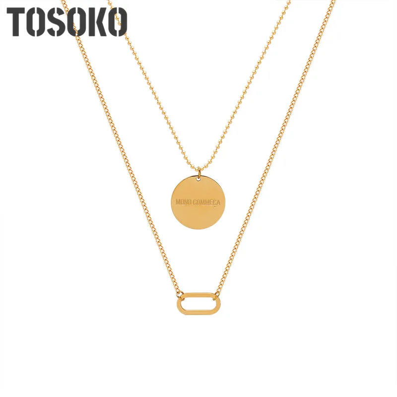 

TOSOKO Stainless Steel Jewelry Lucky Circle With Geometric Oval Clavicle Pendant Double Layered Necklace BSP965