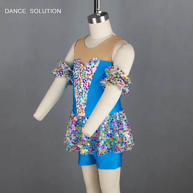 Синий лиф из спандекса с разноцветными блестками и трико юбкой Sparking танцевальная