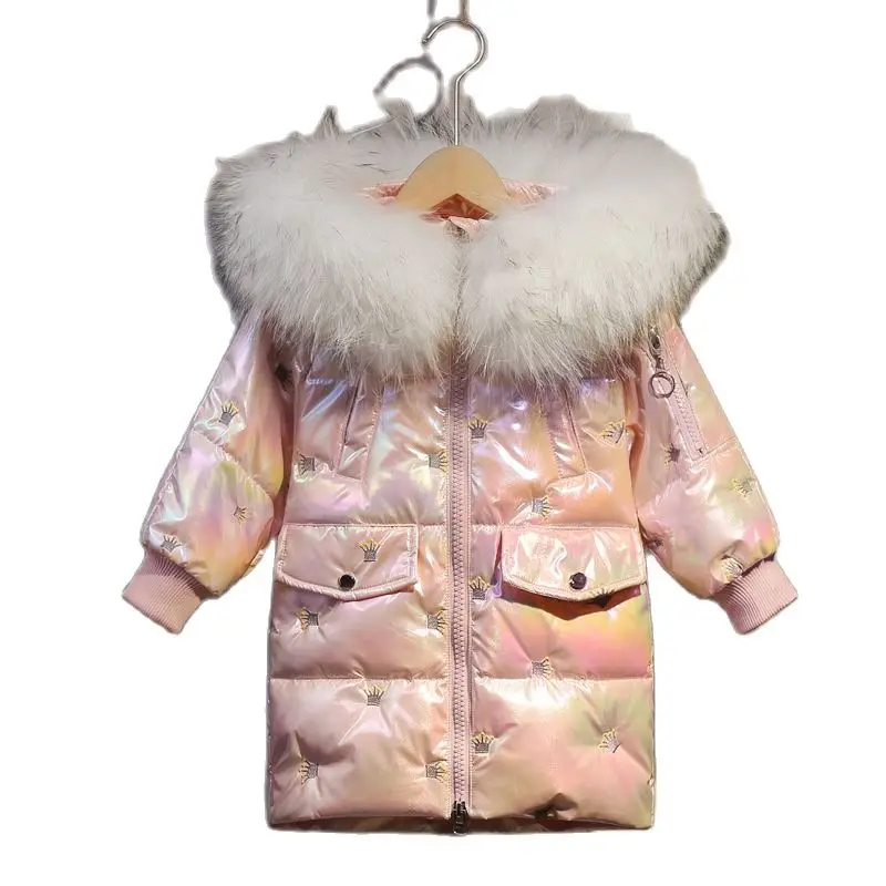 

Новая Водонепроницаемая и снегозащищенная куртка на утином пуху для девочек, плотное пальто с капюшоном и воротником из искусственного мех...