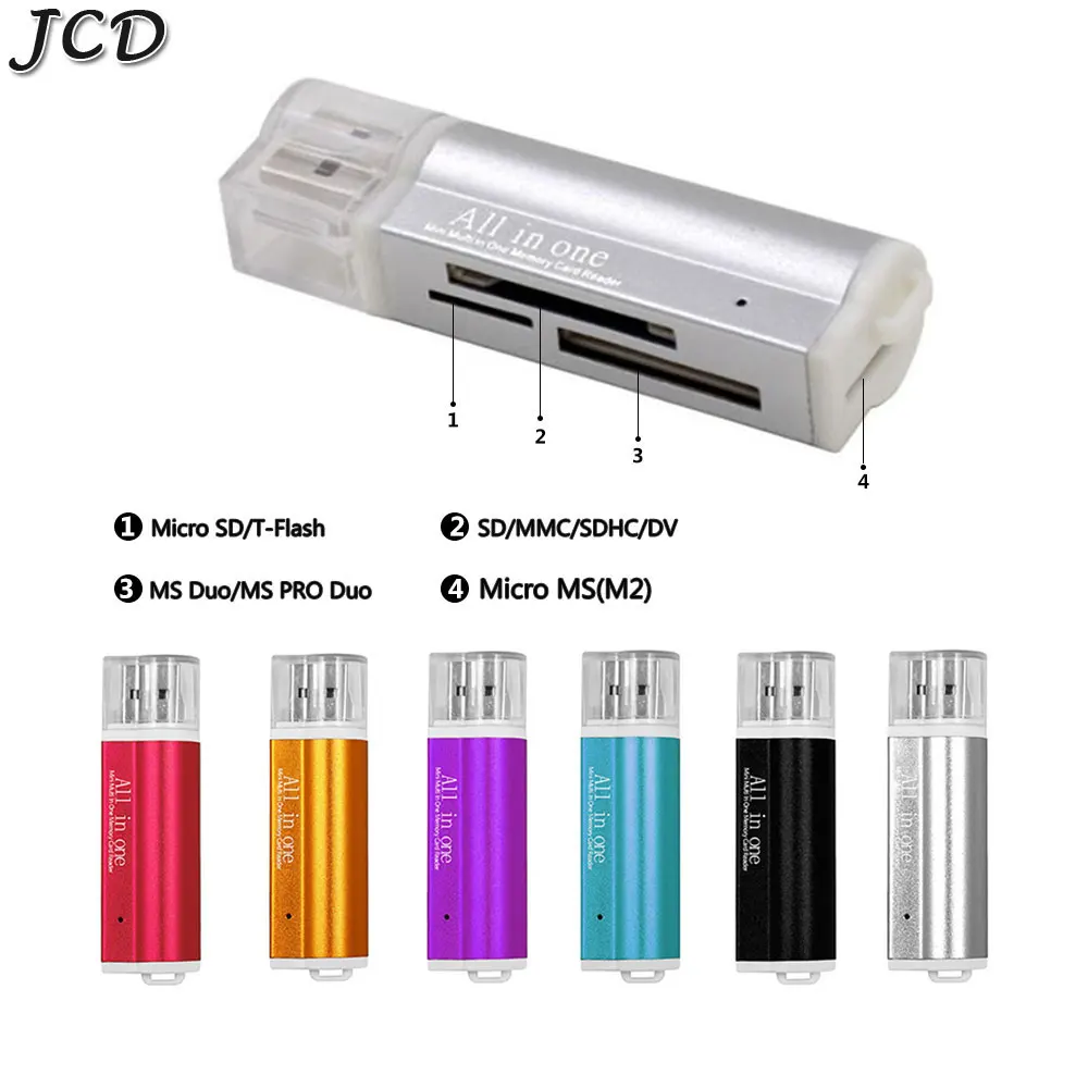 Купи JCD 1pcs USB 2.0 4 in 1 Multi Memory Card Reader for Micro SD SDHC TF M2 MMC MS PRO DUO Laptop Accessories за 65 рублей в магазине AliExpress