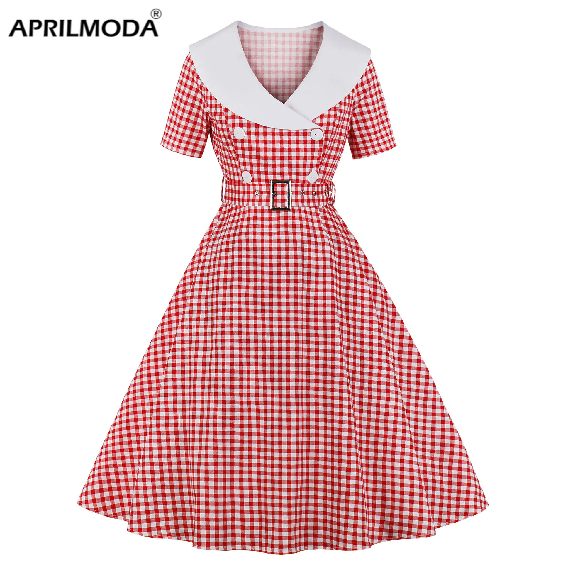 

Plaid Print Elegant Women Rockabilly Dress 50s Retro Vintage A Lline Short Sleeve Black Red Blue Cotton Party Jurken With Belt