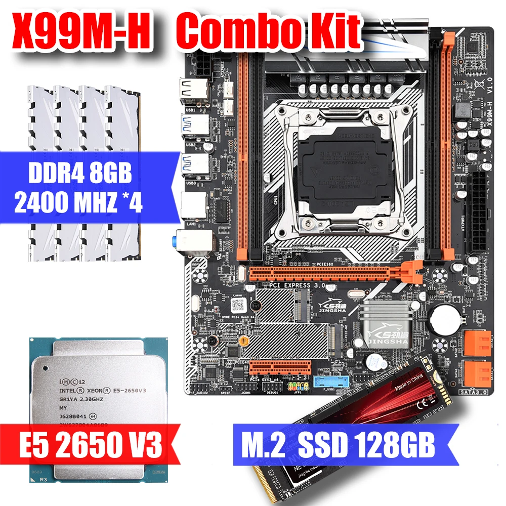 

X99M-H DESKTOP MOTHERBOARD & CPU E5 2650 V3 & DDR4 8GB*4 MEMORY & M.2 NVME 128GB SSD COMBINATION KIT SUPPORT INTEL XEON E5