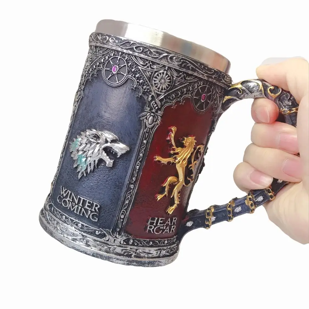 

Cool Family Emblem Beer Coffee Mug Wolf Dragon Lion Cup Resin Stainless Steel Creative Tea Water Drinkware