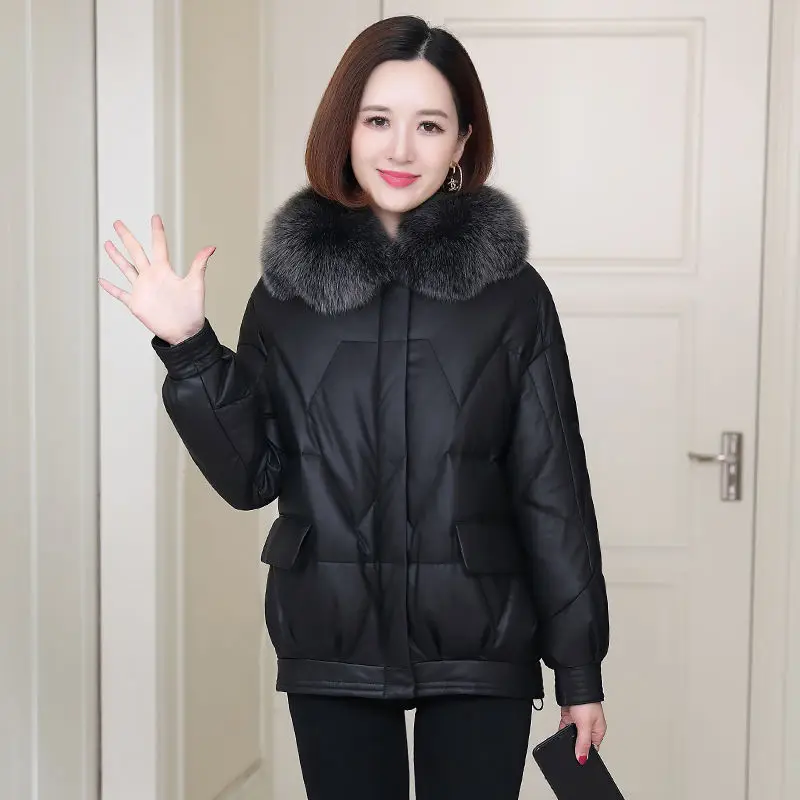 

2021 Autumn Winter Women Solid Fur Parkas Female Fashion Faux Leather PU Zipper Coats Ladies Loose Thick Cotton Jackets Q256