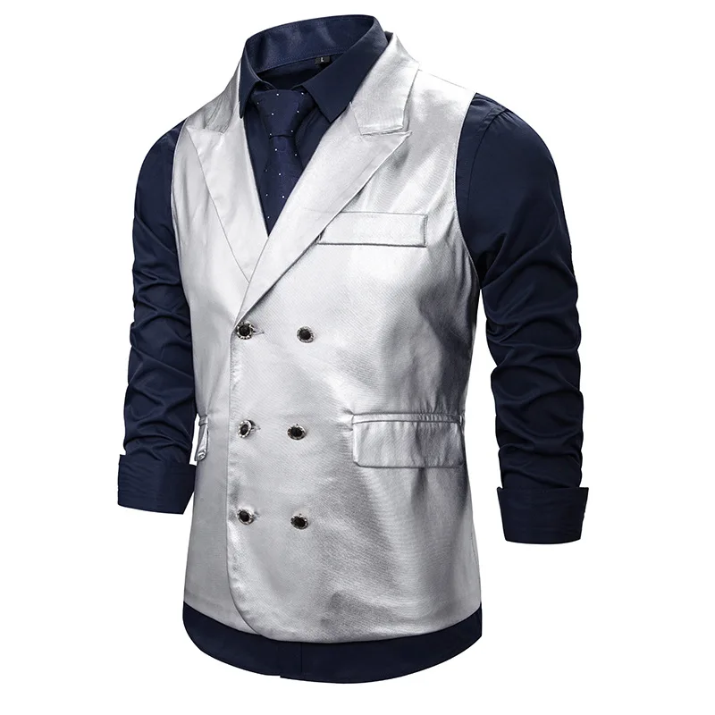 

Luxury Gold Steampunk Mens Vest New Brand Night Club Prom Waistcoat Chaleco Traje Hombre Men Glossy Double Breasted Dress Vests