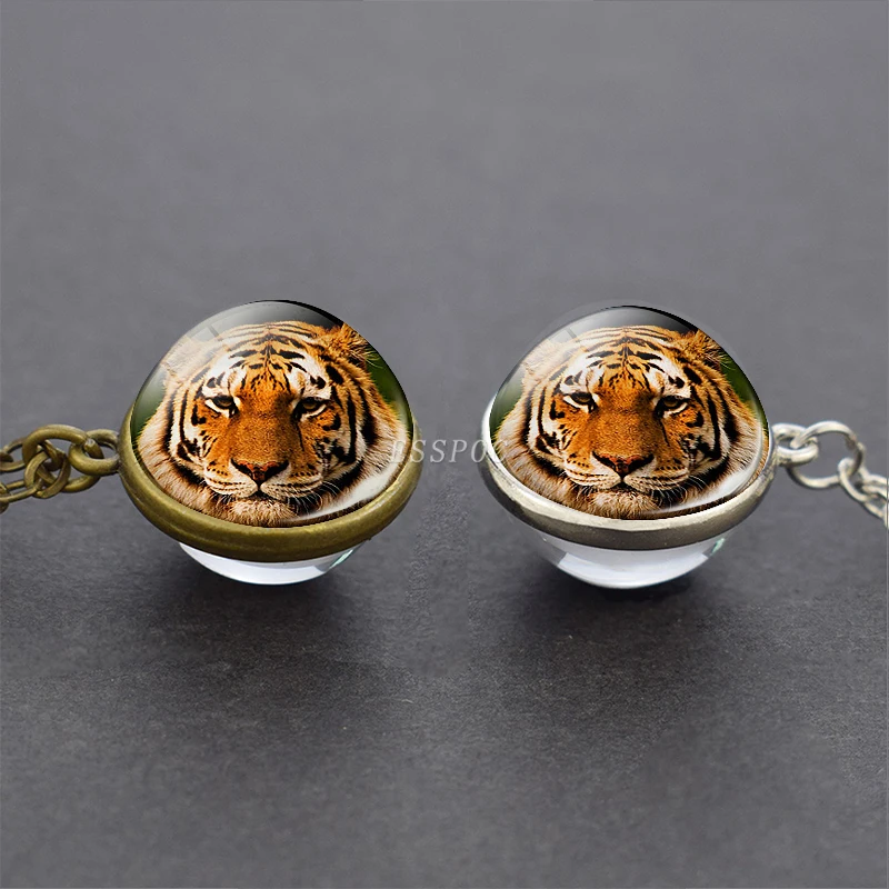 

3d Tiger Picture Tibet / Antique Bronze Chain Double Side Glass Ball Pendent Necklace Tiger Animal Jewelry Accessories