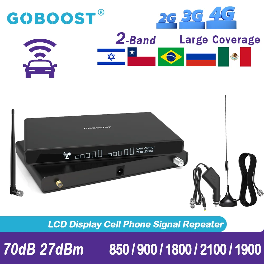 GOBOOST Cellular Booster Car Use 2 Band Repeater 3G 4G 850 1800 DCS GSM 900 Signal Amplifier LTE 1900 Network Antenna A Full Kit