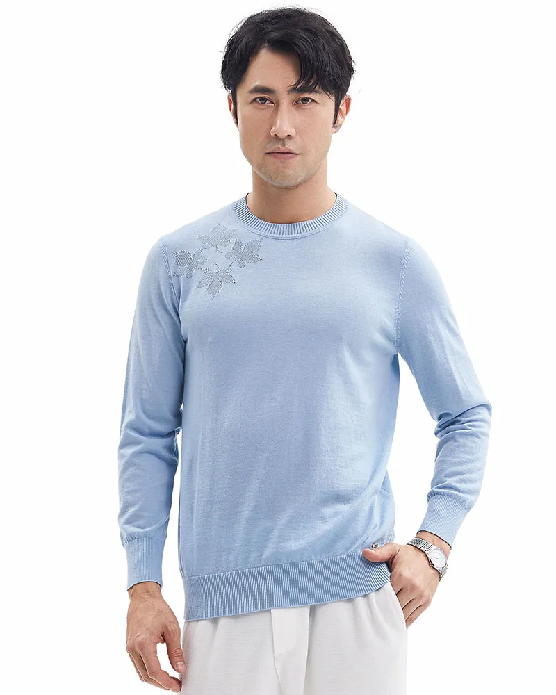 Zhili Mens Knit Maple Leafs Solid Color Thin Sweater