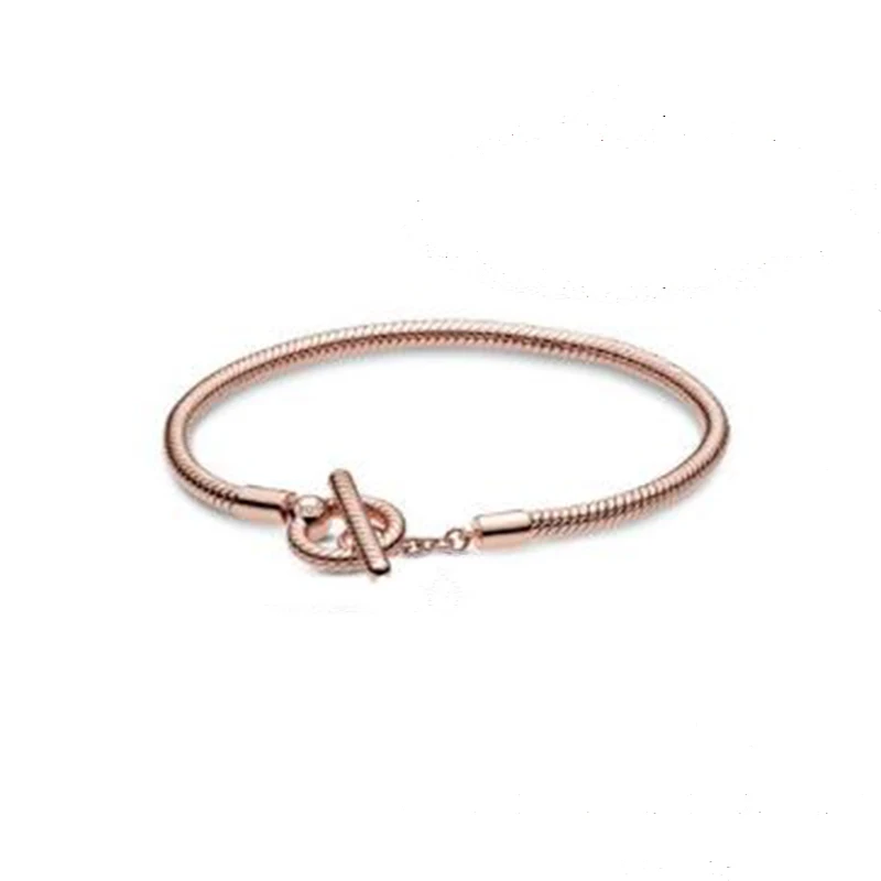 

Silver And Rose Moments T-Bar Snake Chain Bracelet 100% 925 Sterling Silver T-Bar Bracelet Fit European Charms Diy Jewelry