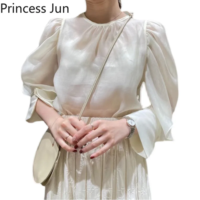 

Summer 2021 Women Fashion Gentle Blouse Round Neck Puff Sleeve Casual Sheer Tops Elegant OL Work Shirts Sexy Transparent Shirt