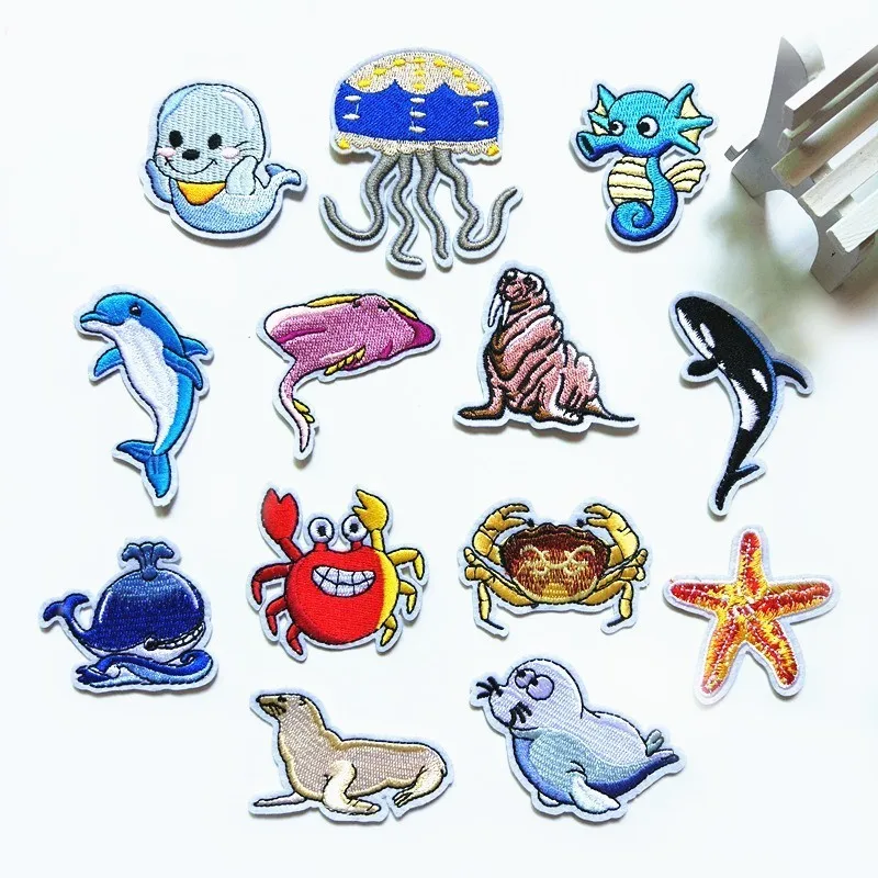 Мультяшный океан животное Кита Акула морской организм гиппокамп вышитая утюгом