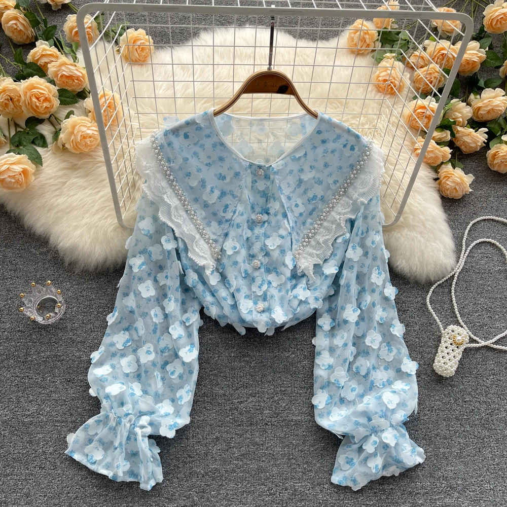 Женская блузка с длинным рукавом большим отложным воротником и бусинами | одежда