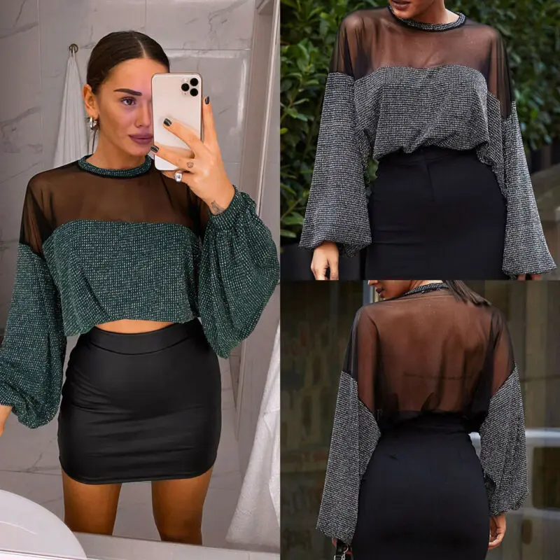 Hirigin сетчатые Топы в стиле пэчворк пикантная Просвечивающая Футболка с блестками