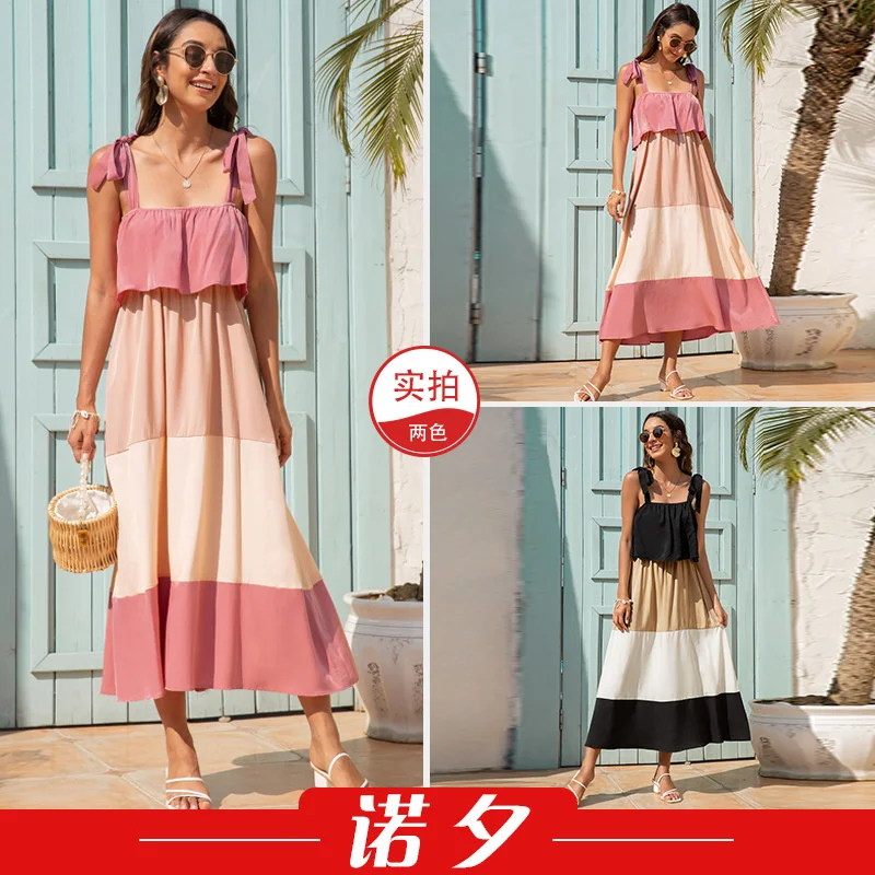 

Nuoxi 2021 women's summer new product sexy strap splicing color contrast dress long skirt beach skirt 1823