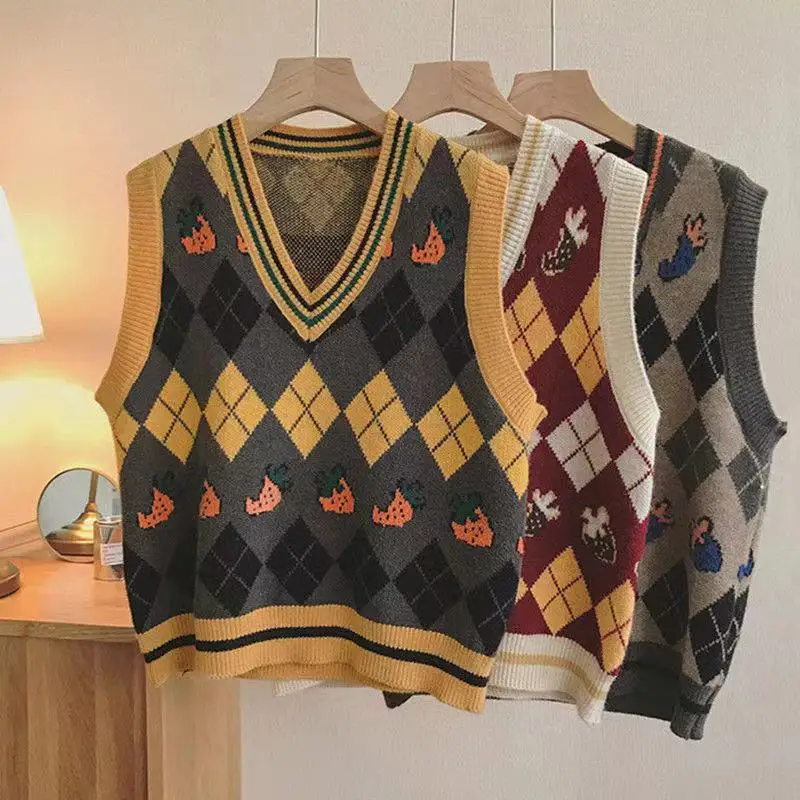 

2021 Men's Vintage Style Coats Sleeveless Knitting Cartoon Printing Wool Sweater Vest Waistcoat V-neck Top Cashmere Pullover