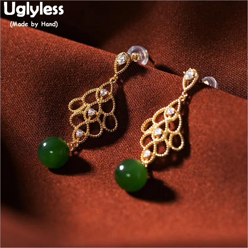 

Uglyless Natural Green Jade Balls Gemstones Earrings for Women Palace Party Dress Earrings Luxury Gold 925 Silver Brincos E1369