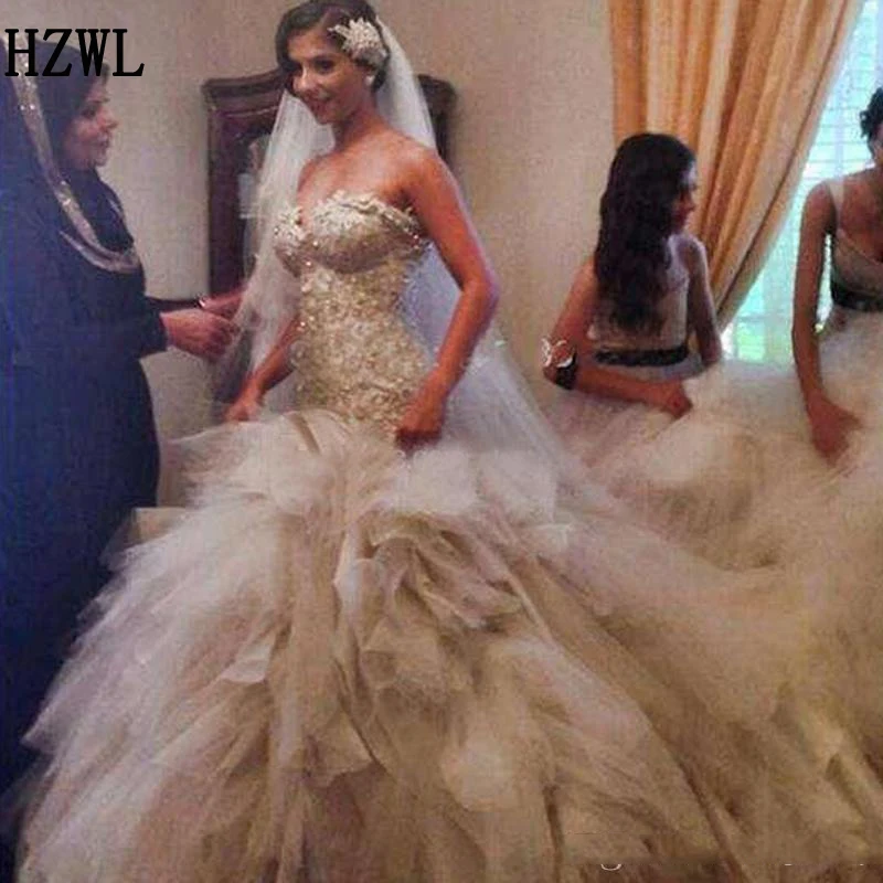 

Luxury Cathedral Train Wedding Dress Strapless Sweetheart Mermaid Bridal Gowns Beaded Pearls Exquisite Applique vestido de noiva